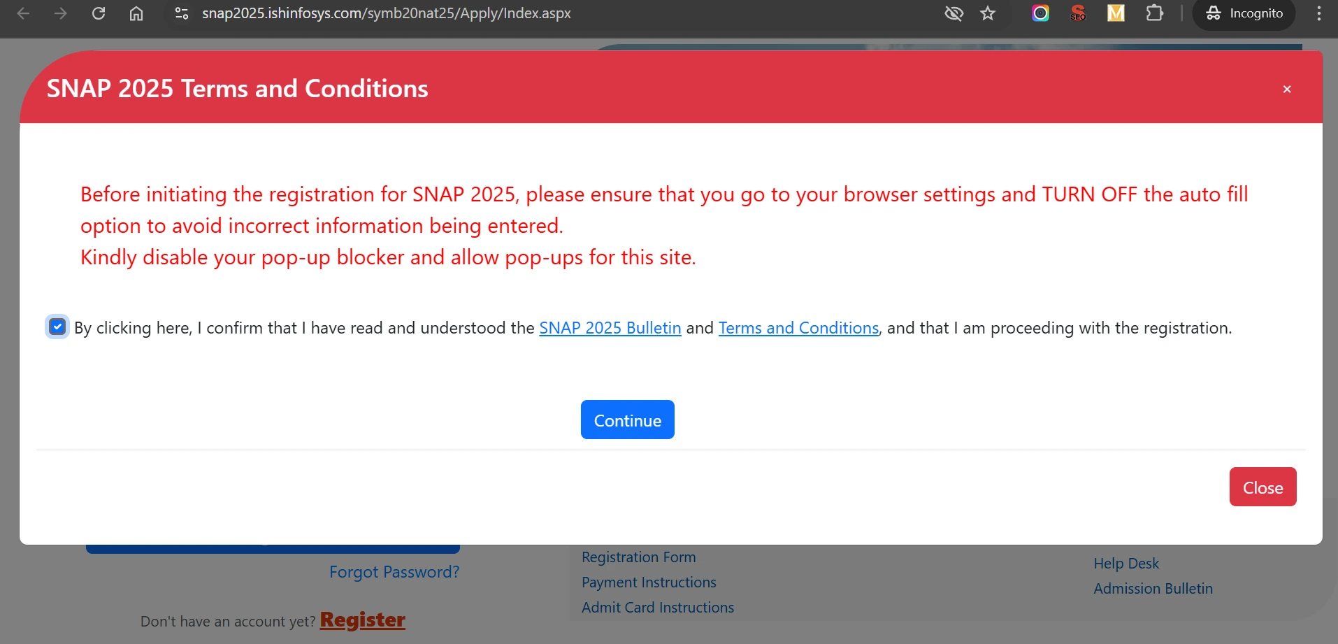 Terms and conditions to apply for SNAP Exam
